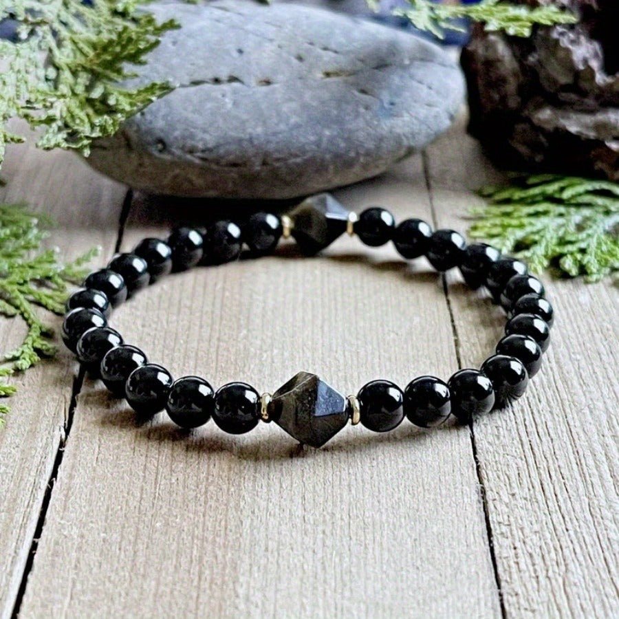 Black Obsidian & Diamond - Cut Beads Bracelet - Buddha Nature