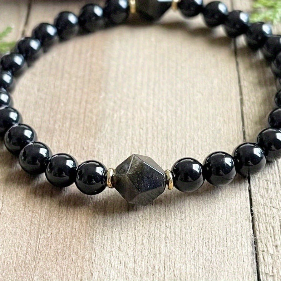 Black Obsidian & Diamond - Cut Beads Bracelet - Buddha Nature