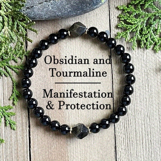 Black Obsidian & Diamond - Cut Beads Bracelet - Buddha Nature