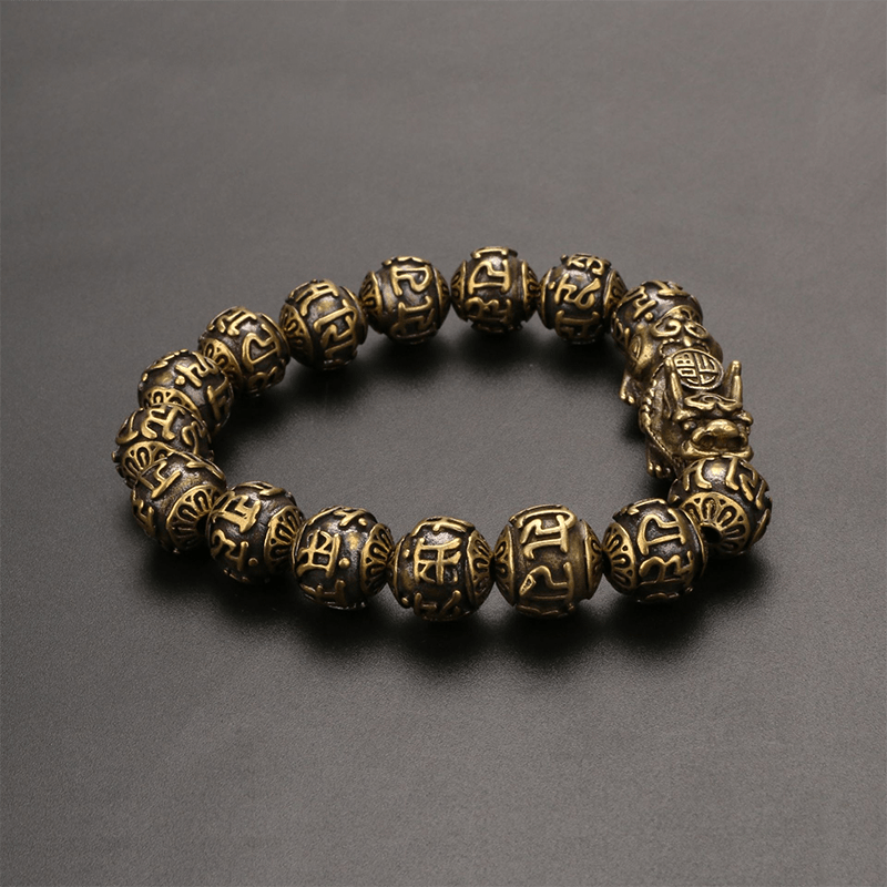 Brass Mani Mantra Bracelet with Pi Xiu for Wealth - Buddha Nature