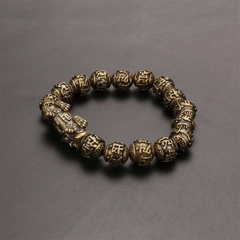 Brass Mani Mantra Bracelet with Pi Xiu for Wealth - Buddha Nature