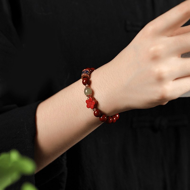 Cinnabar & Mani Mantra Bracelet with Flower Charm - Buddha Nature