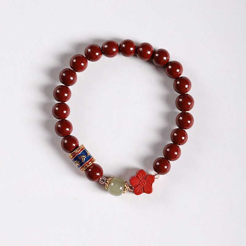 Cinnabar & Mani Mantra Bracelet with Flower Charm - Buddha Nature