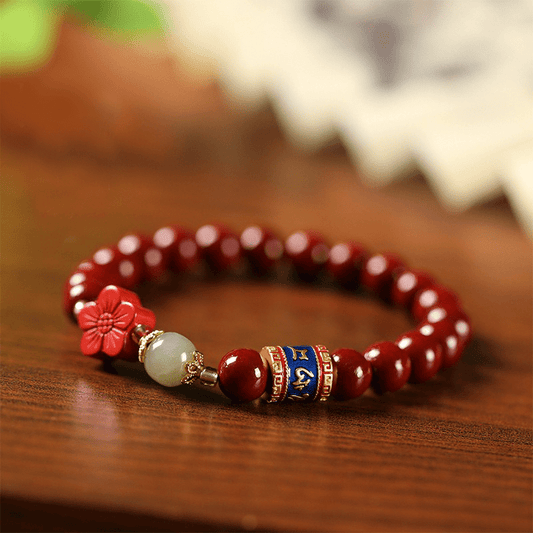 Cinnabar & Mani Mantra Bracelet with Flower Charm - Buddha Nature