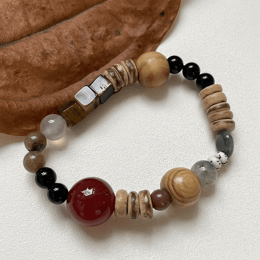 Colorful Tiger Eye Stone & Wooden Bead Bracelet - Buddha Nature