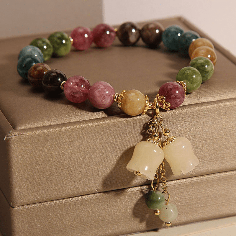 Colorful Tourmaline Bracelet with Lily Charm - Buddha Nature