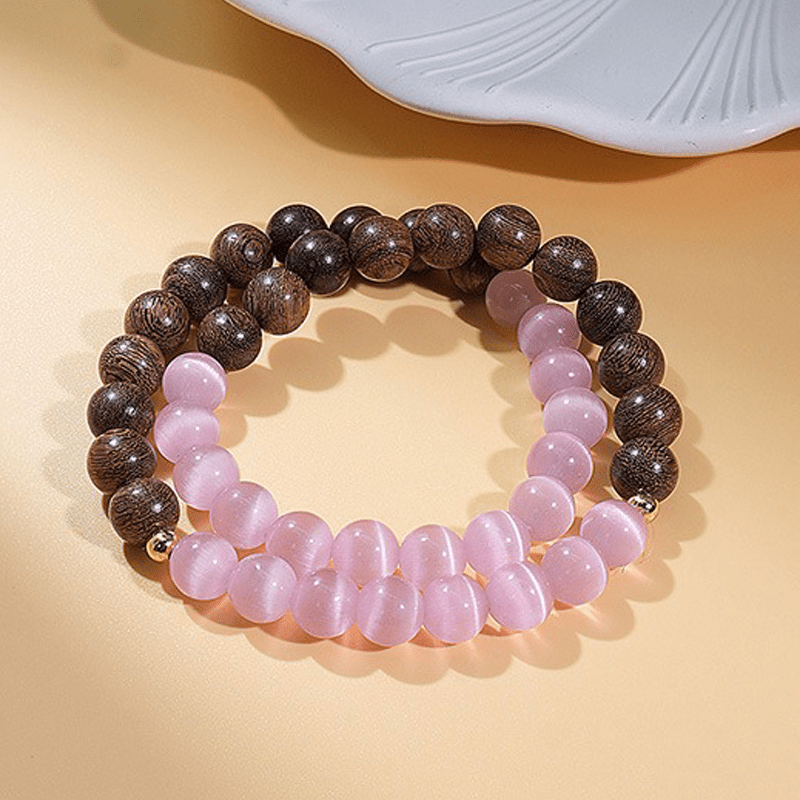 Double Circle Cat's Eye Stone & Golden Sandalwood Bracelet - Buddha Nature