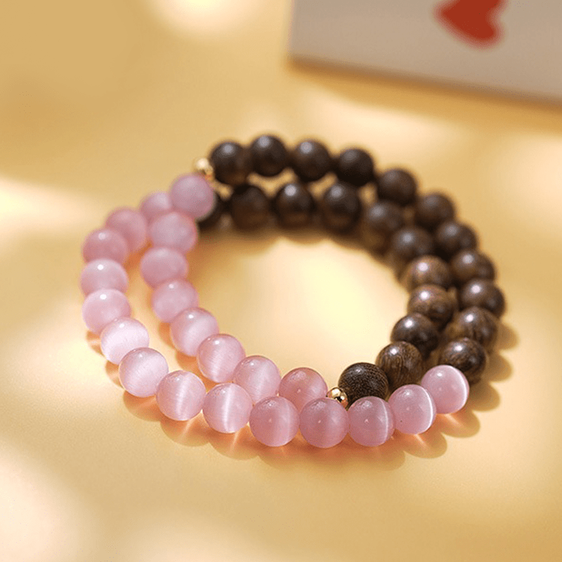 Double Circle Cat's Eye Stone & Golden Sandalwood Bracelet - Buddha Nature