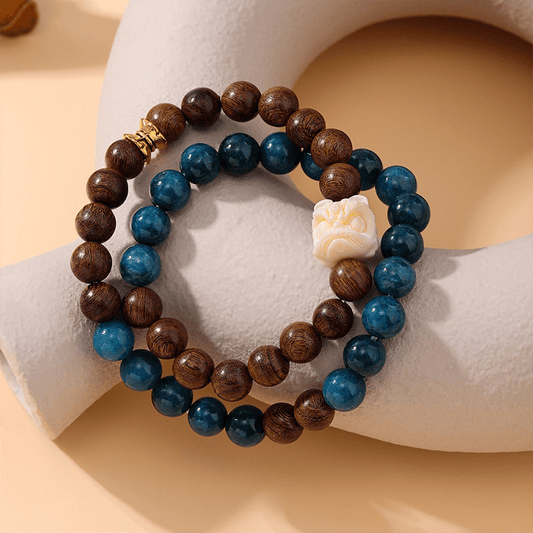 Double Circle Natural Blue Phosphorite & Gold Sandalwood Bead Bracelet - Buddha Nature