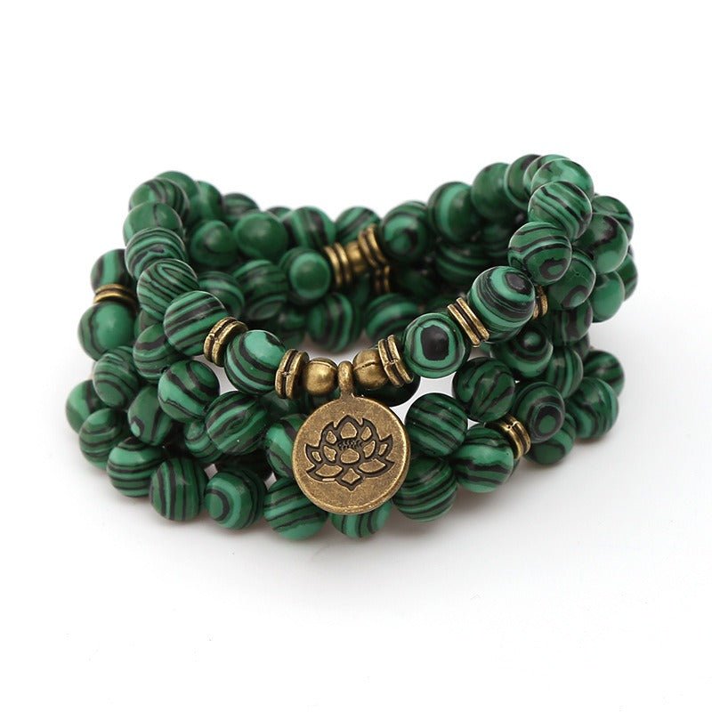 Green Agate Bracelet with 108 Buddhist Beads & Lotus Pendant - Buddha Nature