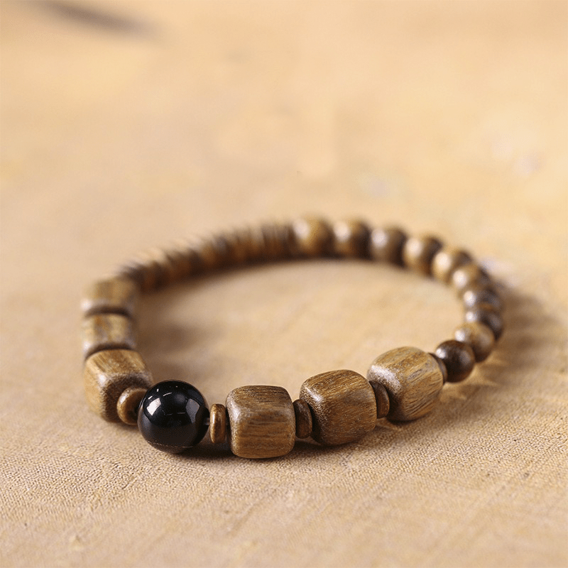 Green Sandalwood Square Bead & Golden Obsidian Bracelet - Buddha Nature