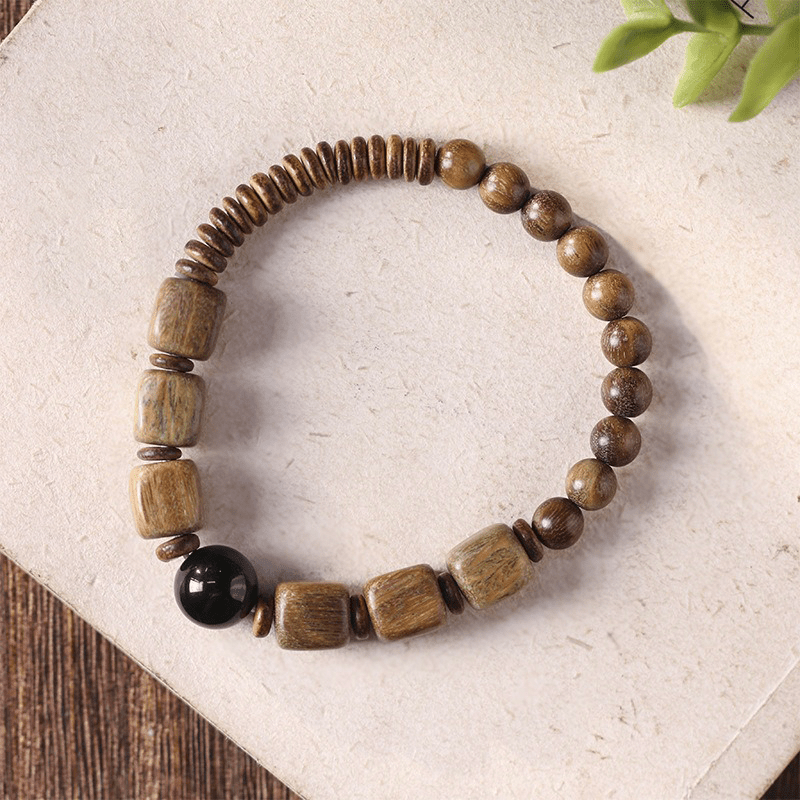 Green Sandalwood Square Bead & Golden Obsidian Bracelet - Buddha Nature