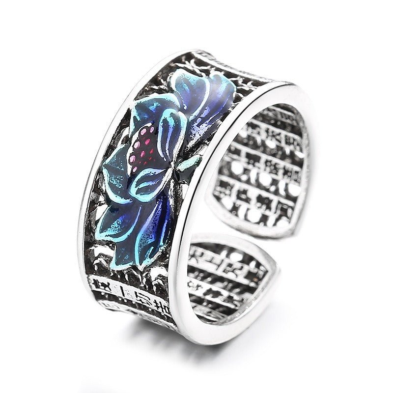 Mani Mantra Cloisonné Lotus Ring - Wisdom & Inner Peace - Buddha Nature