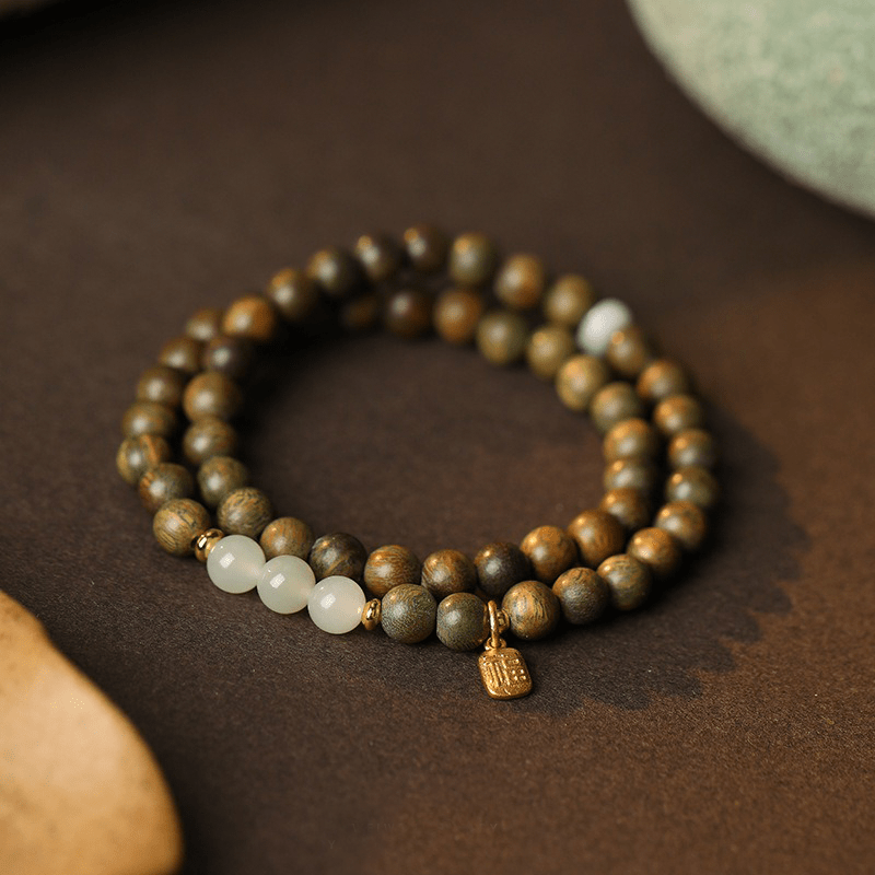 Natural Green Sandalwood & Jade Bracelet with Lucky Charm - Buddha Nature