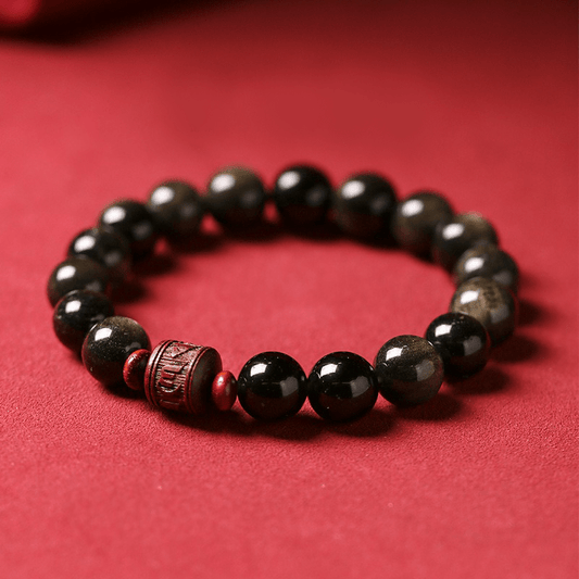 Natural Silver Obsidian Bracelet with Mani Mantra - Buddha Nature