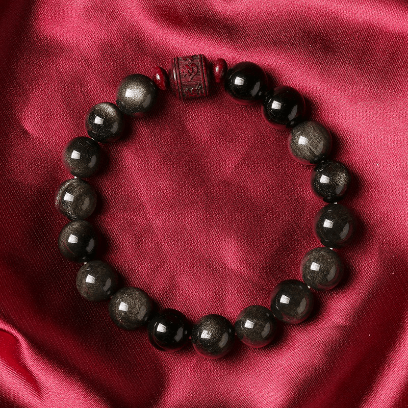 Natural Silver Obsidian Bracelet with Mani Mantra - Buddha Nature