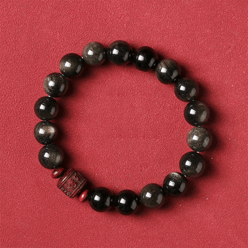 Natural Silver Obsidian Bracelet with Mani Mantra - Buddha Nature