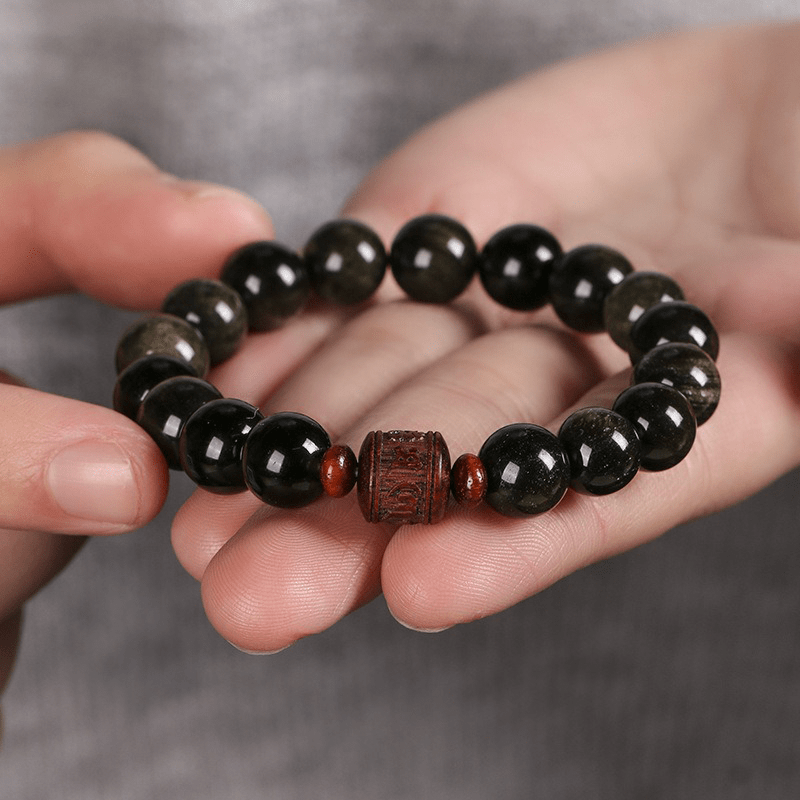 Natural Silver Obsidian Bracelet with Mani Mantra - Buddha Nature