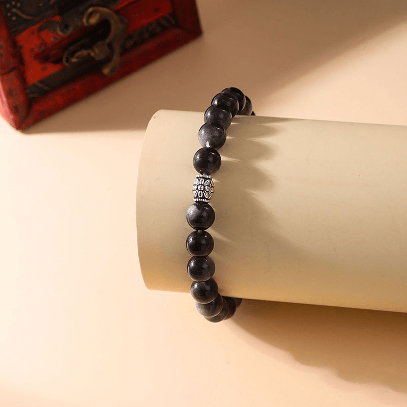 Natural Silver Obsidian & Lotus Bracelet - Buddha Nature