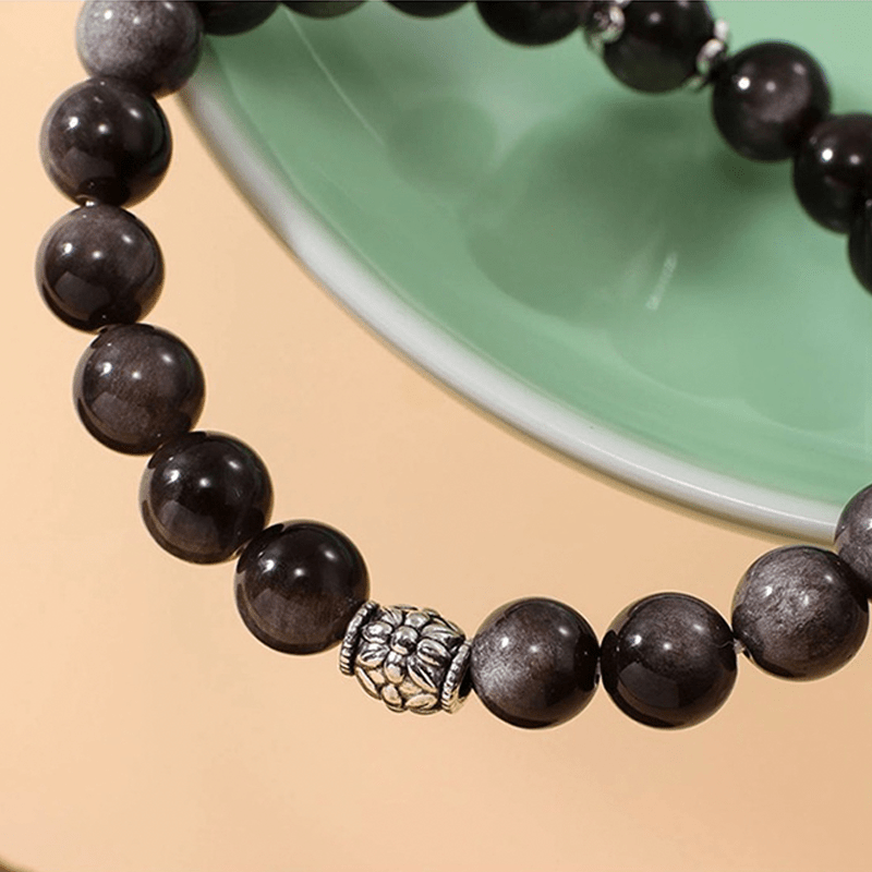 Natural Silver Obsidian & Lotus Bracelet - Buddha Nature