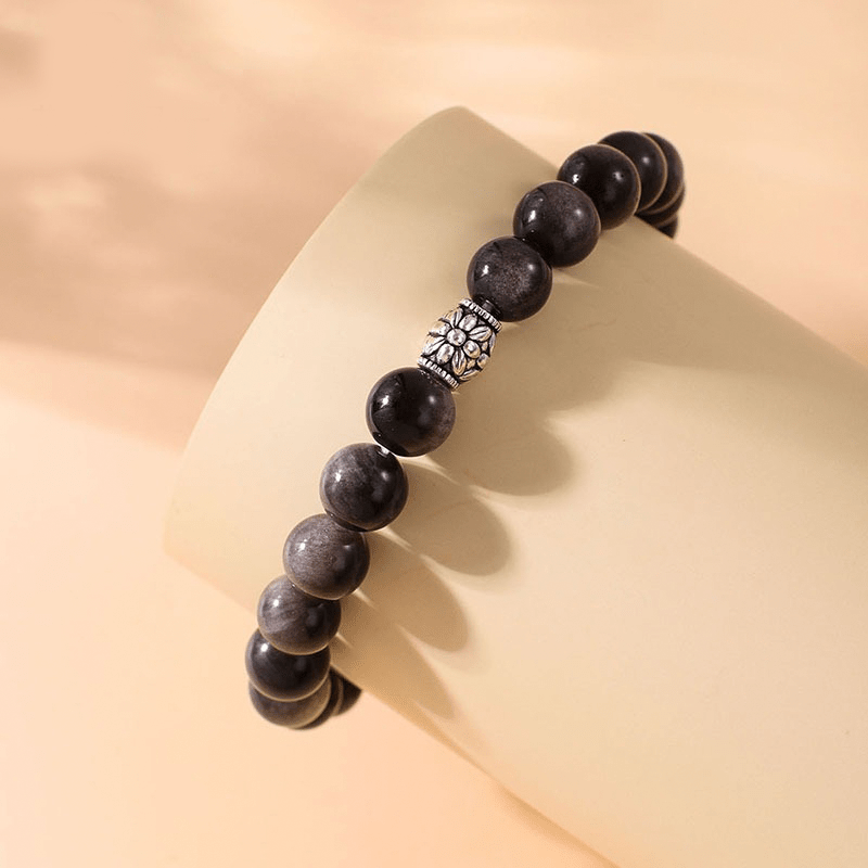 Natural Silver Obsidian & Lotus Bracelet - Buddha Nature