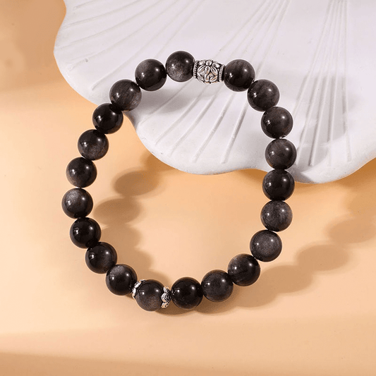 Natural Silver Obsidian & Lotus Bracelet - Buddha Nature