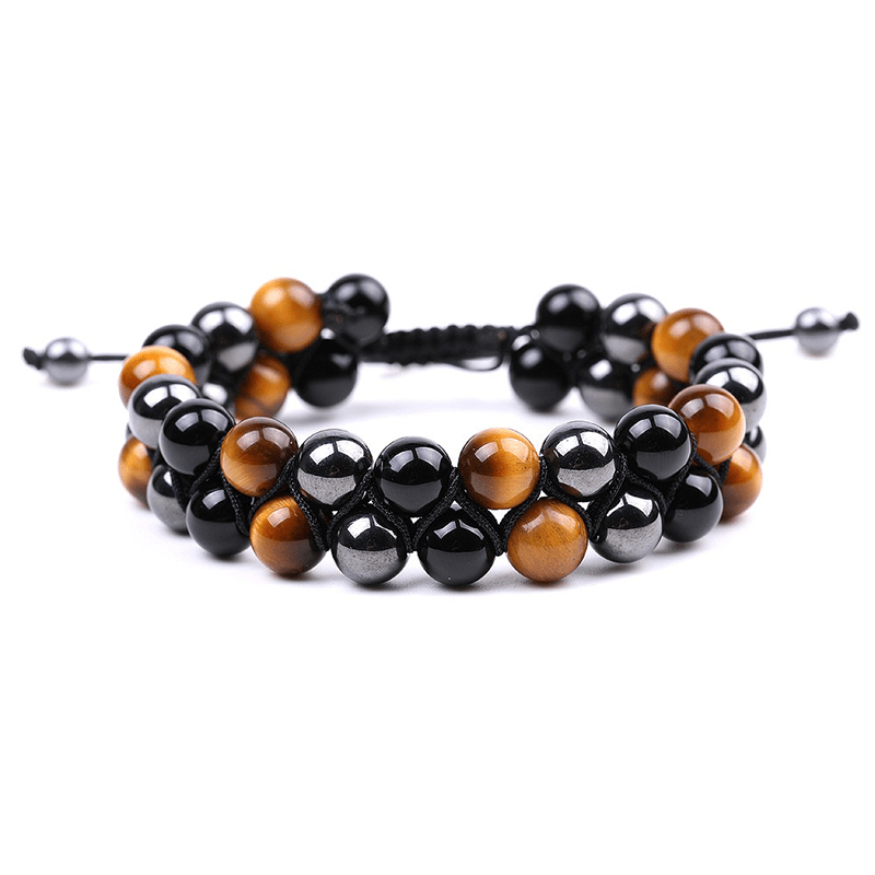 Natural Tiger Eye Stone & Black Agate Double Circle Bracelet - Buddha Nature