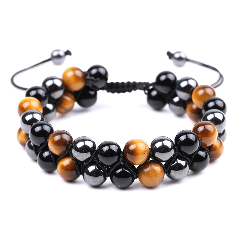 Natural Tiger Eye Stone & Black Agate Double Circle Bracelet - Buddha Nature