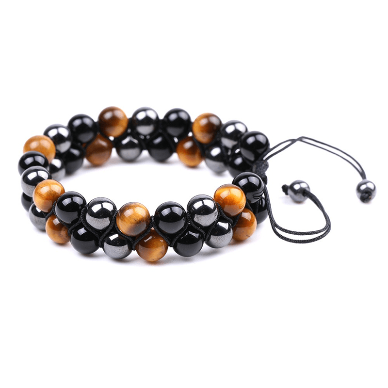 Natural Tiger Eye Stone & Black Agate Double Circle Bracelet - Buddha Nature