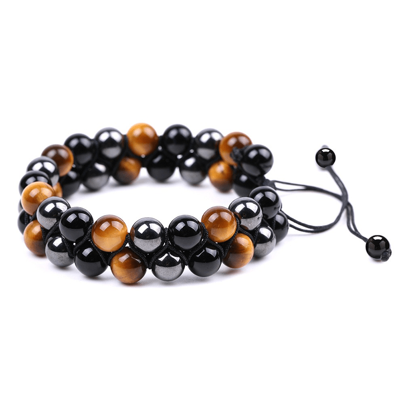 Natural Tiger Eye Stone & Black Agate Double Circle Bracelet - Buddha Nature