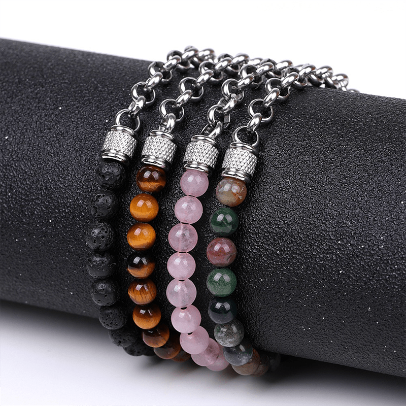 Stainless Steel Chain & Colored Agate Bracelet - Buddha Nature