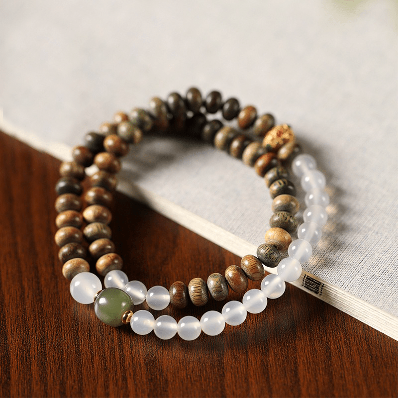 White Agate & Green Sandalwood Abacus Bead Bracelet - Buddha Nature