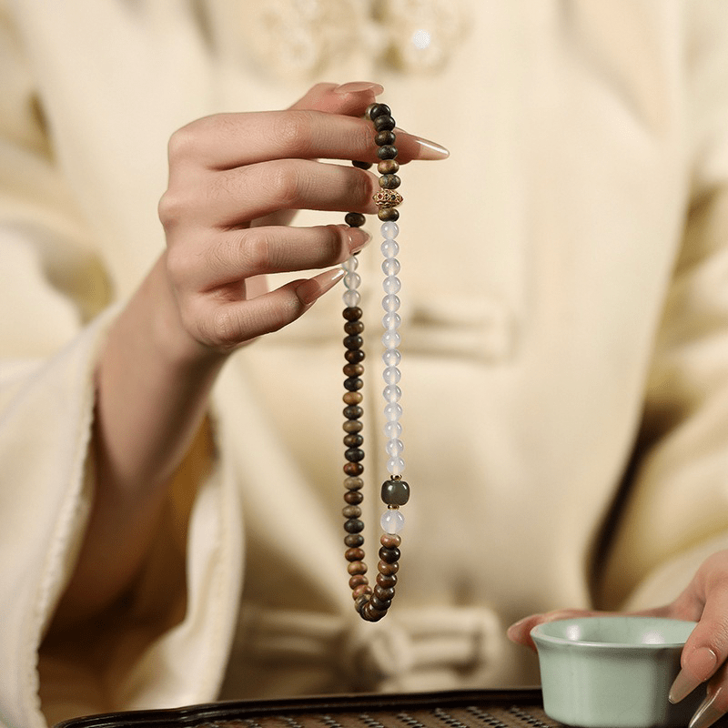 White Agate & Green Sandalwood Abacus Bead Bracelet - Buddha Nature