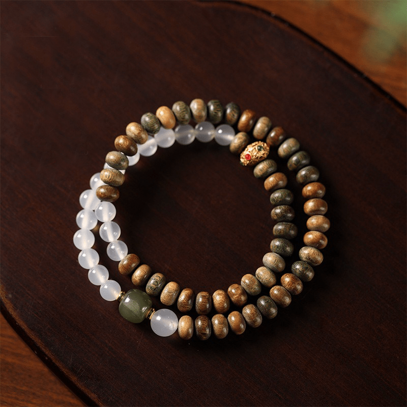 White Agate & Green Sandalwood Abacus Bead Bracelet - Buddha Nature